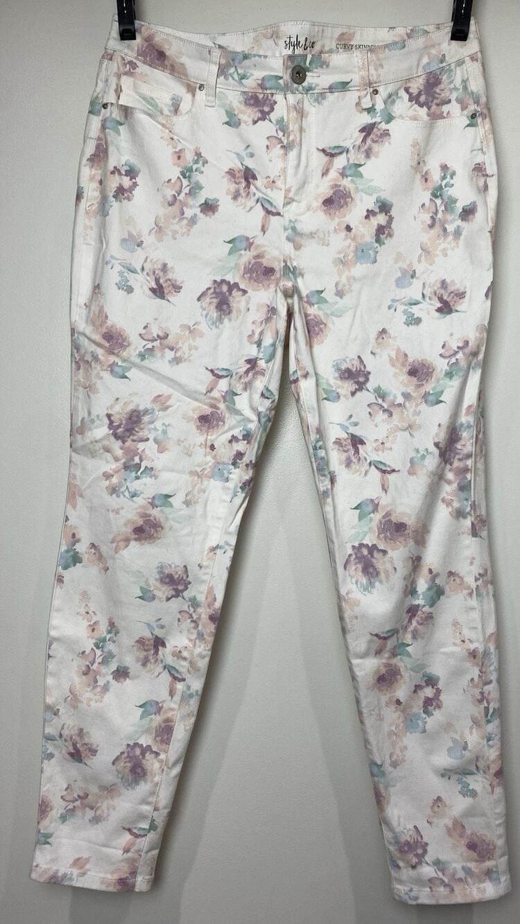 Style & Co Curvy Skinny Leg Women's Sz 12 Pants Trousers Pastel Floral Preowned